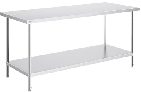 VEVOR Kommerzieller Edelstahltisch 183 x 76 x 86 cm, Edelstahl Zweilagiger Arbeitstisch Zerlegetisch Gastro 150 kg + 100 kg Tragfähigkeit, Gewerbe Küchentisch, Höhenverstellbarer Zubereitungstisch