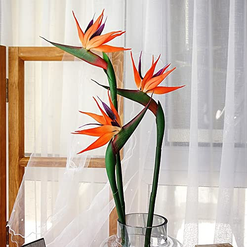 NatureMan Lot de 3 grandes fleurs artificielles permanentes en caoutchouc souple PU qui ne se décolore pas, 81,3 cm - Grand oiseau du paradis - Orange rouge