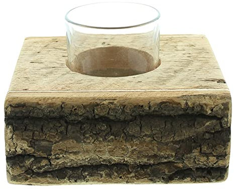 FRANK FLECHTWAREN Kerzenhalter Wood, Holz, Rinde, naturbelassen, Maße: 16 x 16 x 8 cm, Glaseinsatz Ø 7 x 8 cm, ohne Kerze