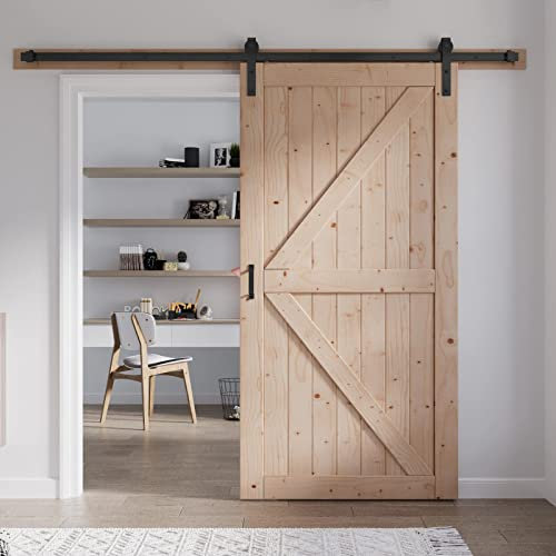 FREDBECK 106,7 x 213,4 cm Holz-Scheunentür mit 2,1 m Scheunentür-Hardware-Kit inklusive K-förmiger massiver Fichtenplatte, muss zusammengebaut werden