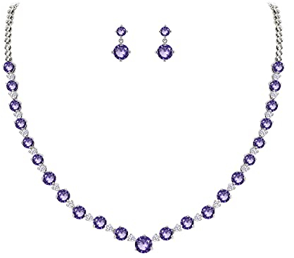 EVER FAITH Zirkonia Schmuckset Elegant Schmuck für Damen Party Daily Outfit Hochzeit Braut runde Schliff Cubic Zirconia Lila Silber-Ton Halskette und Ohrringe Set