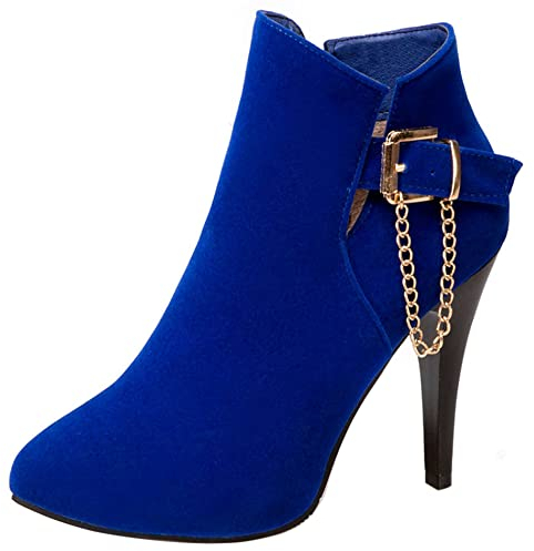 Stivaletti da Donna con Tacco a Spillo, Stivali da Vestito Moda Zip Stivali Corti Tacco Alto Almond Toe con Plateau Catene 344 Blu Numero 34 EU