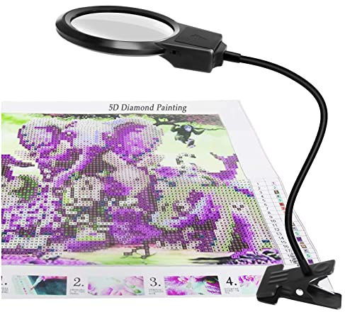 Loupe pour Peinture au Diamant, Loupe LED pour Couture avec Clip/Cou Flexible, 4X & 6X avec 3 Lampes, Agrandiseur avec Clip pour Peinture au Diamant/Broderie/Soudure (Noir)