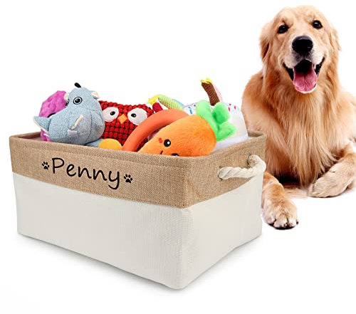 Cuperay Personalisierte Aufbewahrungskorb mit Namen und Muster, Faltbar Hunde Spielzeugkorb mit Baumwollgriff, Aufbewahrungsbox für Die Organisation Von Lebensmitteln Kleidung und Hundezubehör(Beige)