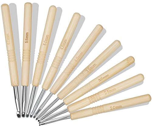 Häkelnadel-Set,9-teiliges Holzgriff zum Häkeln ,Häkelnadel für Anfänger und Häkelgarn,Passend für Arthritische Hände,2,0–6,0 mm Häkelsett