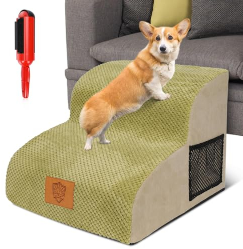 HEVOL Hundetreppe für Kleine Hunde, 2 Stufen Hundetreppen mit Waschbarem Bezug, Abnehmbare Haustiertreppe Tragbar Katzentreppe für Sofa Bett, Senden 1 Fusselrolle