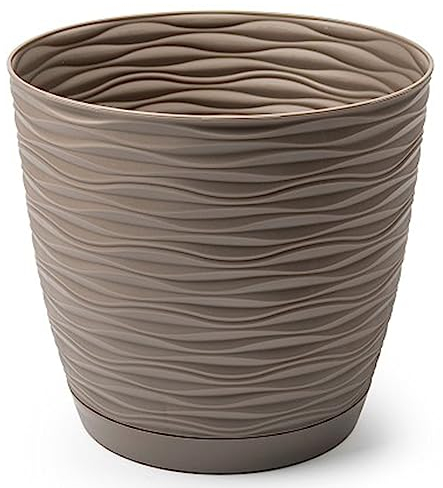 Acan Tradineur - Pot de fleurs rond en plastique, soucoupe intégrée, pot en polypropylène, récipient pour plantes, fleurs, balcon, terrasse, maison, fabriqué en Espagne (Wind, taupe, 19 cm)