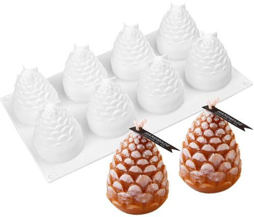 Weihnachten 3D Kerze Form Weiß, 8 Hohlräume Tannenzapfen Silikonform, Silikon Kerzenform Backformen Kuchen Formen für Schokolade Dessert Mousse Fondant, Kerzengießform für DIY Seife Weihnachten Deko