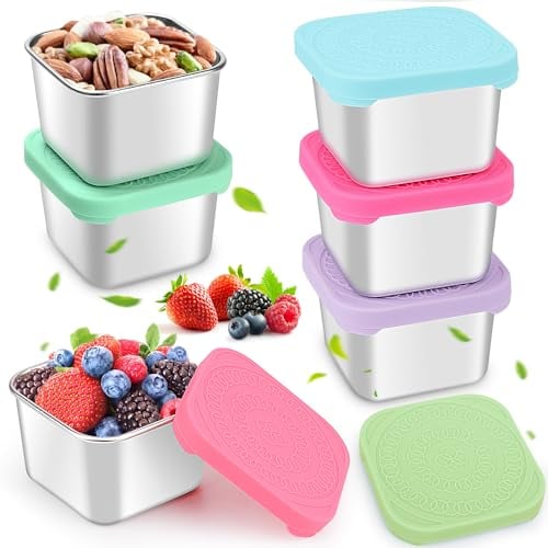 6Stück Snack-Behälter, 180ml 304 Edelstahl Metall Soße Lebensmittel Lagerung Box Container Mit Silikon-Deckel, Wiederverwendbare Kleine Tragbare Auslaufsicher Food Lunch Boxen Set, Leicht zu Öffnen