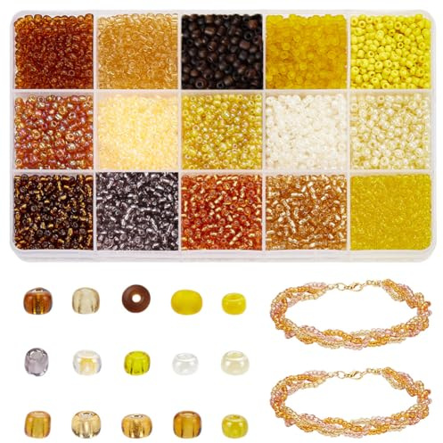 PH PandaHall 4465pcs 15 Yellow Brown Colours Glass Seed Beads, 3mm Mini Waist Beads Small Crystal Craft Bead Spacers for Bracelets Necklaces Jewellery Making Beading Home Dector