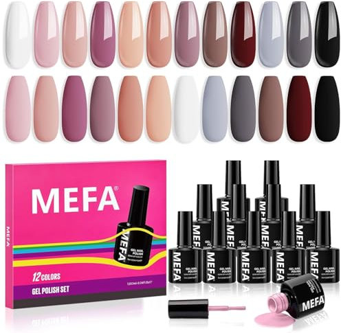 MEFA Autumn Nail Polish Set, 12 Colors - Pink, Red, Brown, Gray, White, Black, Purple - UV LED Gel Manicure at Home DIY Salon