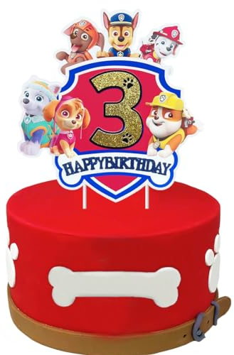 Dog Tortendeko 3 Jahre, Cartoon Kuchen Deko Geburtstag, 3. Jahre Kinder Torten Deko, Hund Kuchendeko, Großer Cake Topper für Kindergeburtstag Party