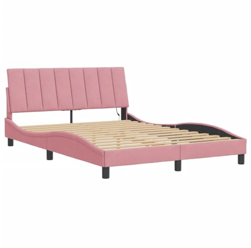 vidaXL Bettgestell, Bett mit LED ohne Matratze Hanko, Bettrahmen mit Lattenrost Wellenform, Doppelbett für Schlafzimmer, Rosa 120x200cm Samt