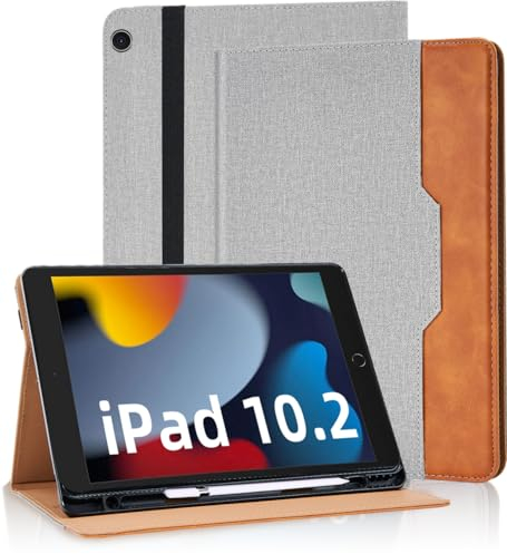 Vkooer Hülle für iPad 10.2-Zoll 9/8/7 Generation mit Stifthalter Premium Material Segeltuch Schutzhülle (iPad 2021/2020/2019) Tasche Cover Case mit Auto Schlaf/Aufwach für iPad Air 3/Pro 10,5 - Grau