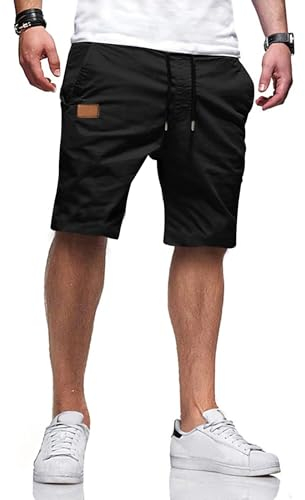 TARAINYA Kurze Hosen Herren Baumwolle Casual Shorts Herren Tunnelzug Elastische Sommer Chino mit Taschen Schwarz XL
