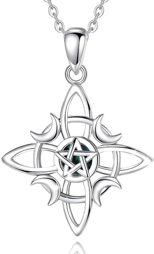 LEEQBCR 1 Stück Edelstahl Hexe Quartett Keltischer Knoten Halskette mit Stern und Mond Halbmond Damen Geometrischer Anhänger Vintage Schmuck Keltischer Knoten Damen Halskette Silberschmuck