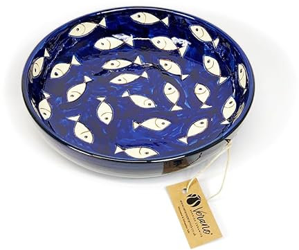 Verano Spanish Ceramics Signature Blue & White Fish Pattern Food Fruit Salad Pasta Wide Bowls - Home Kitchen Dining Dinner Party Decorative Dishware - 23cm White Fish & Blue Background