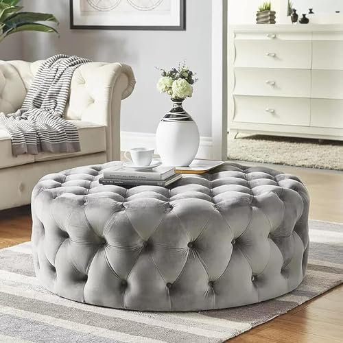 Wrobelax Runder Ottoman-Fußstützen-Hocker aus Plüschsamt, kleiner, moderner Couchtisch und Bettbank für Wohnzimmer, Schlafzimmer, Hosting-Raum (Größe: 60 x 60 x 40 cm, Farbe: Grau)