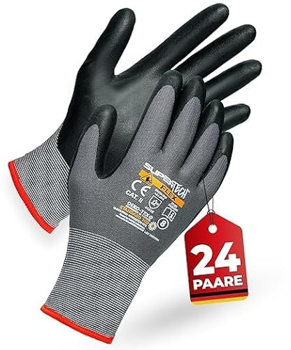 PRESTIGION 24 Paare Arbeitshandschuhe Herren Größe 8-M | Arbeitshandschuhe mit Rutschfeste Nitril, Beschichtung , Robust und Abriebfest Handschuhe Arbeitshandschuhe