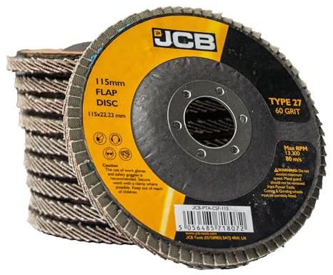 JCB 10x Metal 60 Grit Flap Discs 115mm (4 1/2'') x 22.23mm, Rust Removal, Deburr, Smooth, Blend, Remove Imperfections from Wood, Stainless Steel, Cast Iron, Aluminium, Non-ferrous Metals, and Alloys