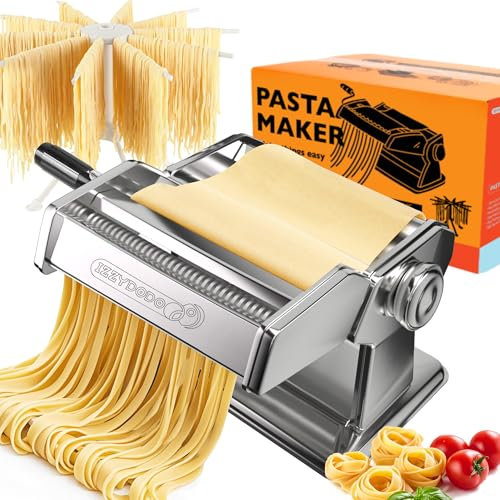 Izzydodo Pasta Maker Set with 9 Adjustable Thickness Settings, 2-in-1 Rollers & Cutter, Ravioli Attachment & Pasta Drying Rack – Ideal for Spaghetti, Fettuccine, Lasagna, Dumplings & More