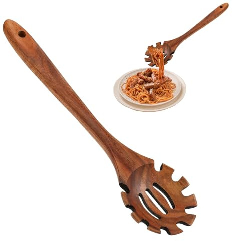 Wezalget Wooden Pasta Spoon | Multipurpose Pasta Fork Spoon Portable Spaghetti Spoon Slotted Salad Server Spoon Food Mixing Spoon with Long Handle | for Serving Pasta and Cooking