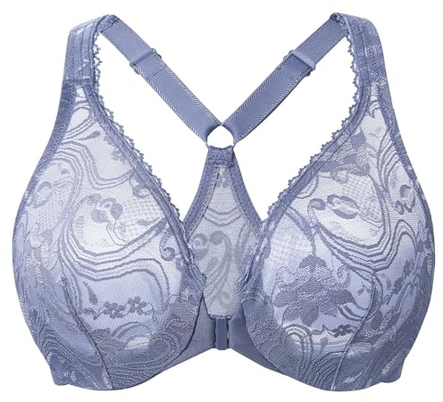 MELENECA Reggiseno da donna con schiena incrociata e pizzo sfoderato e chiusura con ganci anteriore per taglie forti, Blu ardesia, 6DD