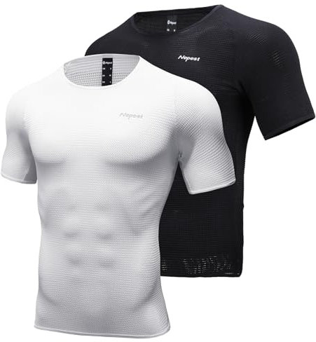 Nepest Men's Short Sleeve Biking Base Layer, 2 Pack Breathable Mesh Cycling Jerseys Bicycle Tops Ultralight Bike Baselayer Undershirt Sports Lightweight Quick Dry L