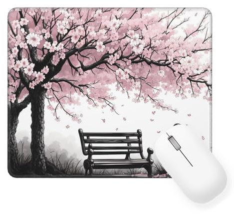 Cherry Blossoms Mouse Mat, Small Mouse Pad Scene Waterproof Gaming Mouse Pad, Mini Desk Mat 25 x 21 cm with Anti-Slip Base, Stitched Edges Mousepad, Keyboard, Mouse Mats for Desk, Office, Home W-869