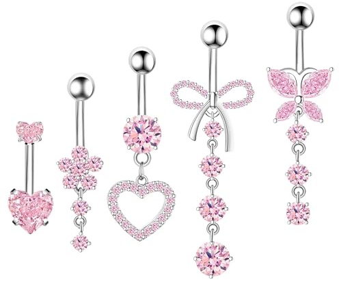 WATEFOER 14G Piercing Nombril 316L Acier Chirurgical, 5 Pièce Anneaux de Piercing Nombril Brillant Pendentif CZ Coeur Papillon Fleur, Piercing Ventre Anneau de Nombril pour Femme Homme (Rose CZ)