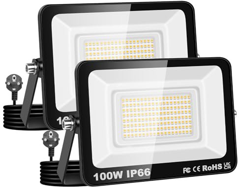 AUXTINGS 2 Pack Projecteur d'extérieur 100W,Sécurité projecteur 10000lm avec prise 230V,IP66 étanchéité lampe de travail extérieure,4000K éclairage extérieur blanc chaudpour cour patio parking jardin