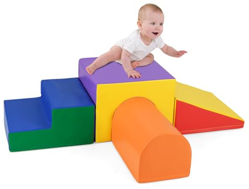 COSTWAY Set di 4 Blocchi in Schiuma per Arrampicarsi e Gattonare per Bambini, Set di Giocattoli Morbidi da Interno con Diverse Forme e Colori per lo Sviluppo dei Bambini (Giallo)