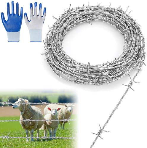 Alambre de púas, alambre de púas, 1,8 mm x 10 m, alambre de púas galvanizado de 4 puntos, con guantes, para valla, valla de alambre, valla de pasto, defensa contra martas, bate de béisbol