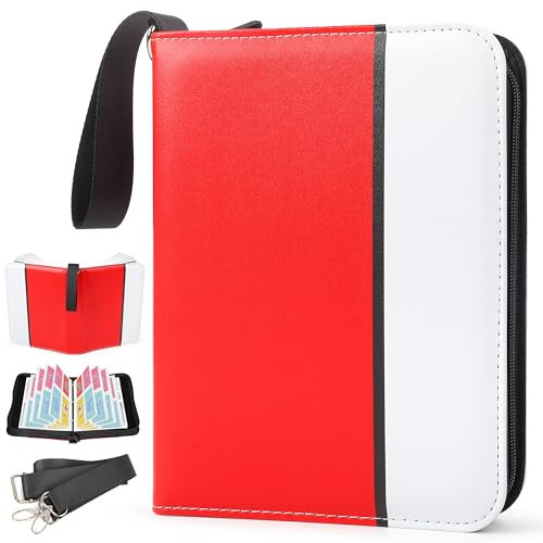LOTOFUN 4-Pocket Trading Card Binder: Red 400 Card Holder with Adjustable Shoulder Strap and 50 Removable Sleeves for Storage - Waterproof Portable Folder Album Gift for Children Collectors
