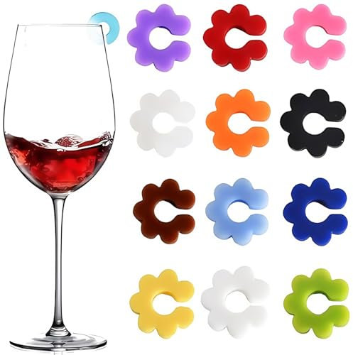 Ezranova Silicone Wine Glass Charms, 12Pcs Colorful Wedding Wine Charms Drink Identifiers Wine Accessories Wine Glass Markers for Party Favors