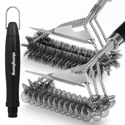 Grill Brush for Outdoor Grill, 2 Cleaning Brushes and Removable Long Handle, Wire Grill Brush‌ with BBQ Scraper, Spring Brush with Bristle Free, Safe Grill Cleaning Kit for Barbecue Best(Kraft Box)