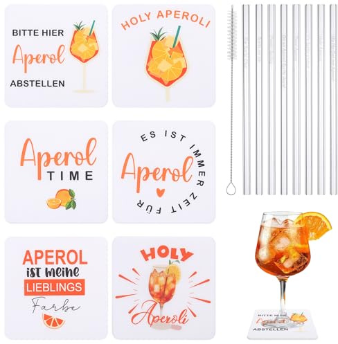 Hejo 14 Stück Aperol Spritz Geschenk, 8 Aperol Filzuntersetzer 6 Strohhalme | Personalisiert Untersetzer mit Sprüchen, Aperol Spritz Geschenkset für Tischdeko, Geschenk für Kollegen Freunde Familie