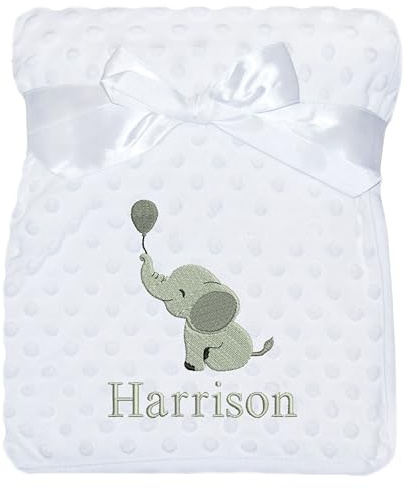 JJLC Personalised Baby Bobble Blanket Embroidered Elephant & Name Soft Fleece Wrap Boys Girls (White Bobble)