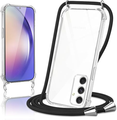 Micnkifo Coque pour Samsung Galaxy A54 avec Cordon, Housse Transparent Silicone Anti-Jaunissement Collier Réglable Case, Téléphone Étui Antichoc Portable Lanière Cover pour Samsung A54 - Noir