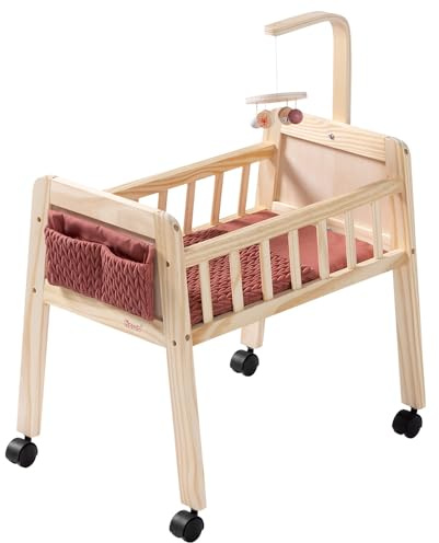 howa Puppenbett Holz Puppenmöbel für Puppen bis 50 cm Grace 2170 | Spielzeug Puppenbett mit Rollen, Mobile, Matratze, Decke & Stofftasche