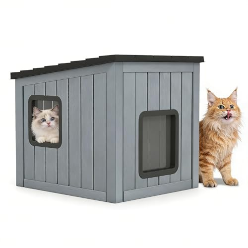 GYMAX Outdoor Katzenhaus Kunststoff, Katzenhütte mit 2 Türen, Vorhängen, schrägem Dach & Abflusslöchern, Winterfest & wetterfeste, Haustierhaus für drinnen & draußen