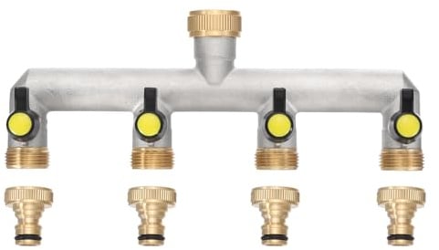 QUARKZMAN 4-Wege Wasser Verteiler, Wasserhahnverteiler Adapter mit Schwarz individuellem Absperrhähnen und Wasserhahn, Wasserdurchfluss regulier- und absperrbar für Gartenschläuche