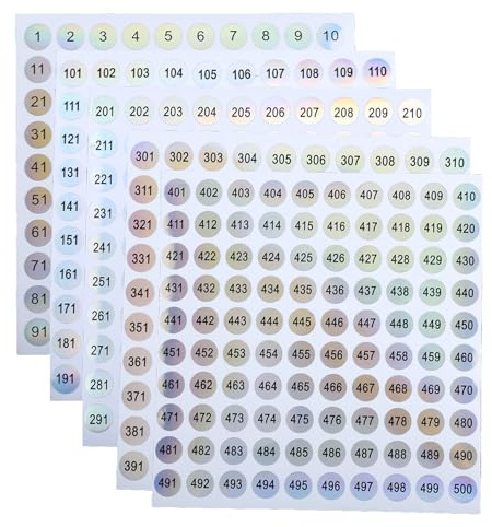 Hopzab 5 PCS 1-500 Vinyl Number Stickers, Small Round Self-Adhesive Consecutive Number Labels, 10mm Waterproof Laser Stickers for Organizing Storage, Boxes, Toolbox, Nail Polish Bottles