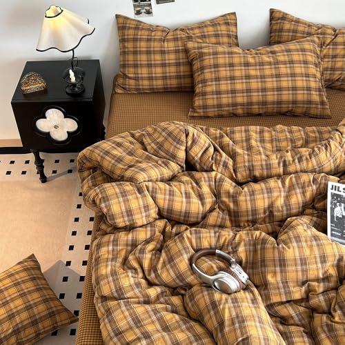 Nyescasa Bettwäsche 135x200 Gelb Kariert mit Kissenbezug 80x80cm | Bettwäsche-Set Wendebettwäsche Weiche Mikrofaser ÖKO-TEX Renforce Streifen Bettbezug mit Reißverschluss