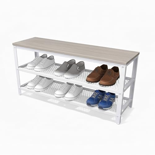 Relaxdays Schuhbank, für 8 Paar Schuhe, HxBxT: 45 x 100 x 30 cm, 2 Gitterablagen, Sitzbank in Holzoptik, Hellbraun/weiß