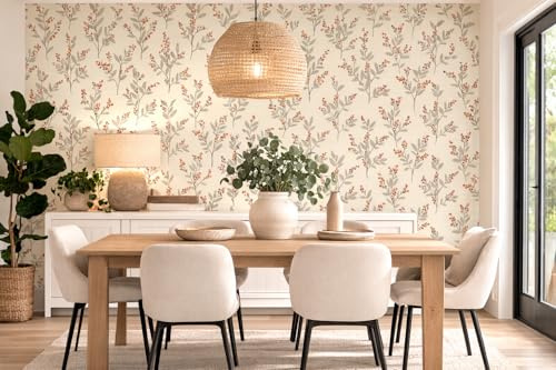 Tamersgifts Solna Orange Floral Wallpaper, Contemporary Branch Design, 10m x 52cm, Matt Finish, Paste The Paper, 5.2m² Coverage