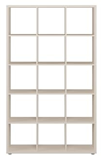 möbelando Regal >Mauro< Farbe Sand 107,2×176,3×32,9 cm, 12 Spanplatte Einlegeböden, 15 Fächer, ABS-Kanten, Kunststofffüße braun/schwarz, belastbar bis 8 kg, Kleinmöbel zerlegt