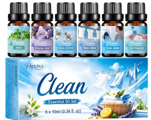 PROVINA Coffret d'Huiles Parfumées 6x10 ml, Senteurs Fraîches pour Diffuseur & Linge Ingrédients d'Origine Naturelle Idéal pour Diffuseurs, Bougies, Savons & Sprays d'Ambiance Poudre, Menthe, Coton