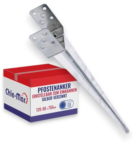 Chle-Mar Verstellbare U-Pfostenträger 0–120mm, Einschlaghülse Länge 75cm | aus 3 mm feuerverzinktem Stahl, Bodenhülse zum Einschlagen für Vierkant-Holzpfosten, Zaun, Pergola, ohne Betonieren