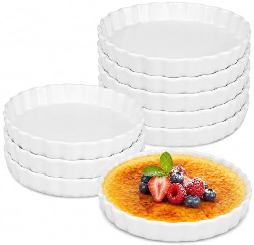 10 Pack Creme Brulee Ramekins, 6 Inch Porcelain Fluted Quiche Dishes Bulk | 230ml Shallow Baking Dish, White Round Pie Pans for Souffle Apple Pie Quiche Tart Flan Desserts, Oven Safe